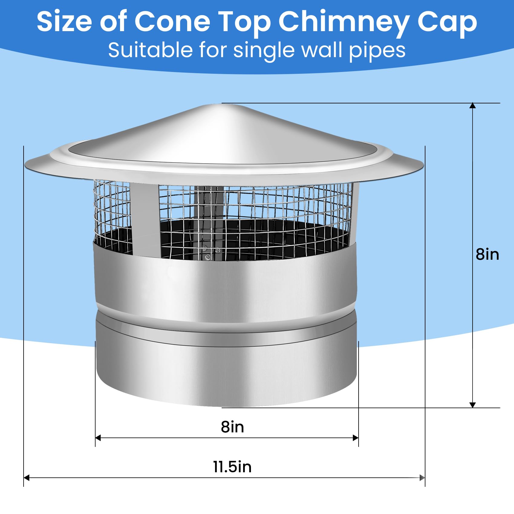 Ebusin 8 Inch Round Chimney Cap, 8 Inch Chimney Cap with Screen, Stove Pipe Topper, Galvanized Steel Quality, Silver