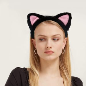 AEGYPIUS Cat Ear Headbands - Plush Soft Ears for Makeup, Shower, Teen Girls & Women (Black)