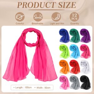 Crowye 12 Pieces Solid Color Chiffon Shawls Long Sun Proof Scarves Wraps Sheer Lightweight Breathable Chiffon Scarf for Women Bridal Wedding Formal Evening Party Accessories, 19.6 x 61 Inch