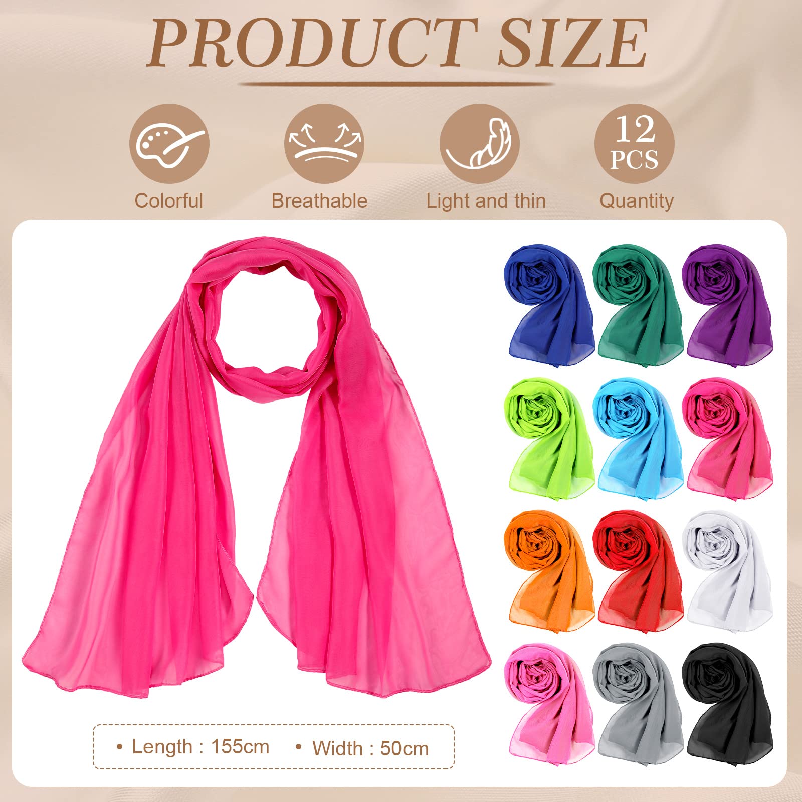 Crowye 12 Pieces Solid Color Chiffon Shawls Long Sun Proof Scarves Wraps Sheer Lightweight Breathable Chiffon Scarf for Women Bridal Wedding Formal Evening Party Accessories, 19.6 x 61 Inch