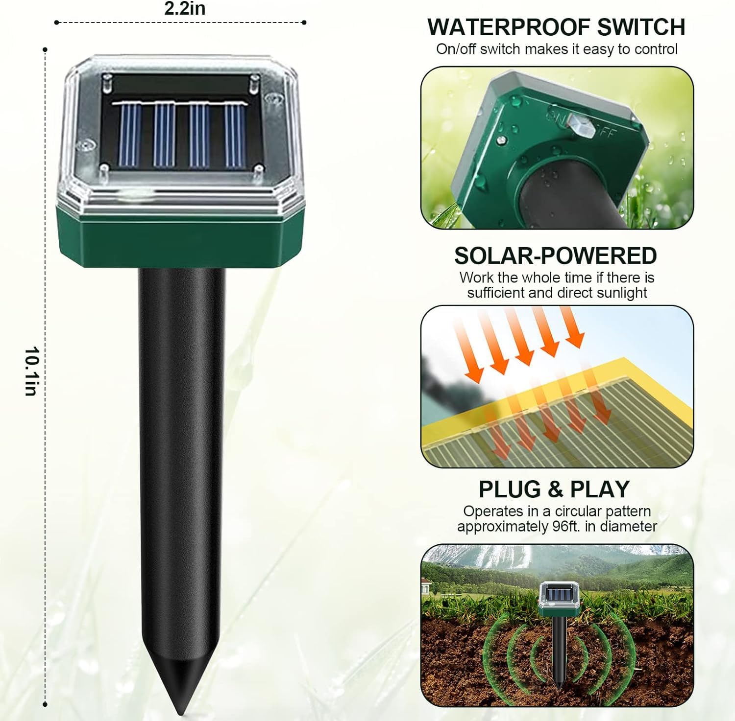 Mole Repellent for Lawns 4 Pack Snake Repellent for Yard Solar Gopher Trap Groundhog Vole Repellent Ultrasonic Spike Outdoor Waterproof Sonic Chipmunk Rodent Garden Burrowing Animals Deterrent Stake