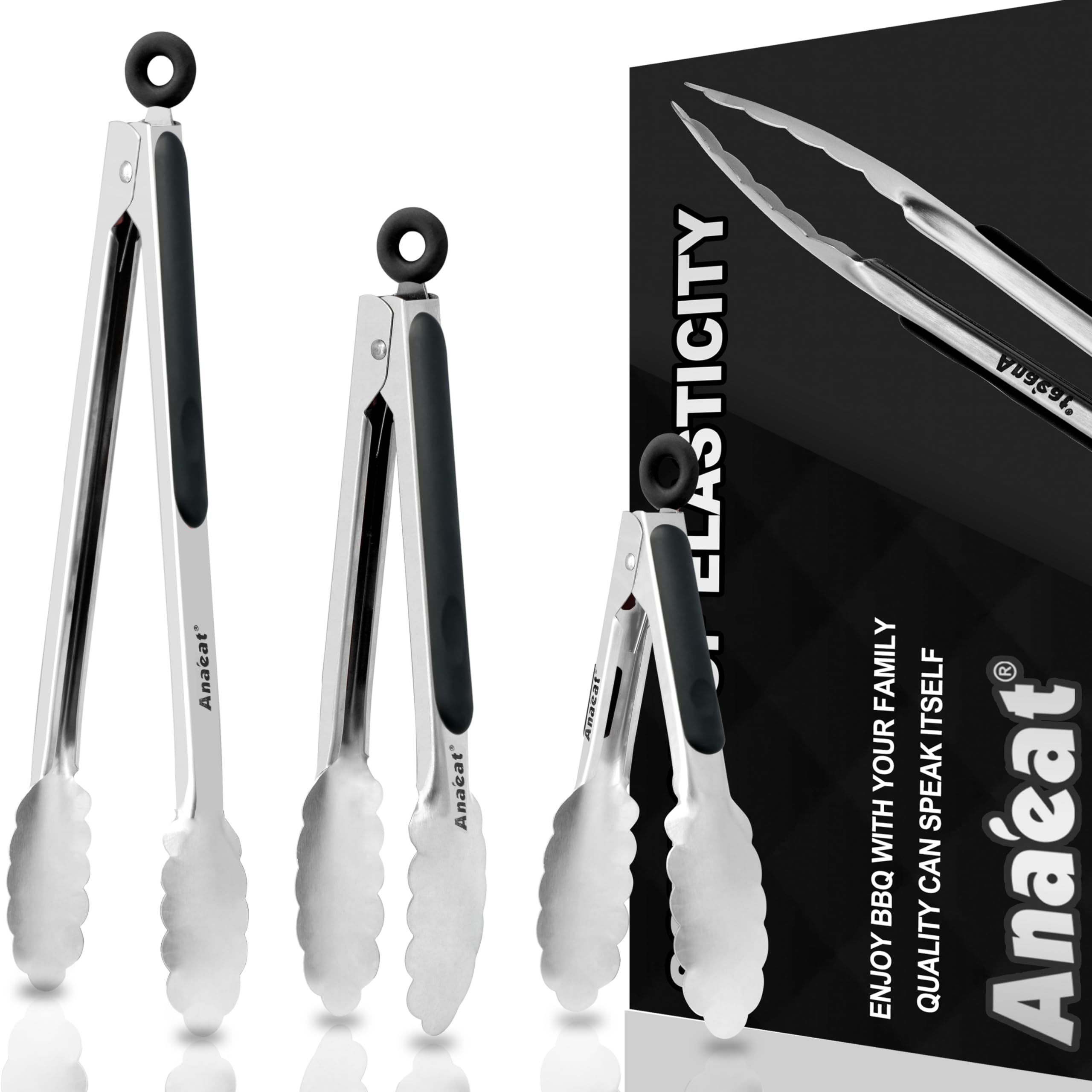 Anaeat Premium Kitchen Locking Tong Set of 3 - Heavy Duty Stainless Steel Food Tongs with Long Handle & Non-Slip Silicone Grip for Cooking, Baking, Grilling - Heat Resistant up to 480°F