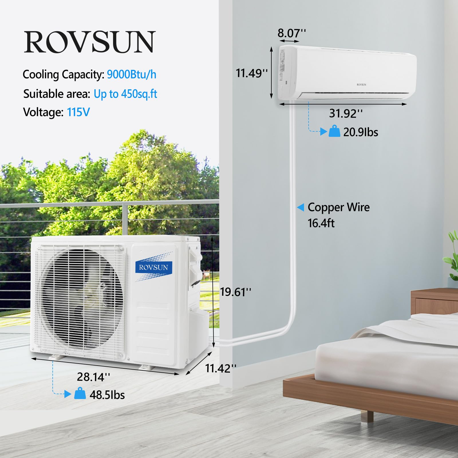 ROVSUN 9000BTU Wifi Enabled Mini Split Air Conditioner & Heater, 19 SEER 115V Energy Saving Inverter Ductless Wall AC Unit with Pre-Charged Condenser, Heat Pump & Installation Kit