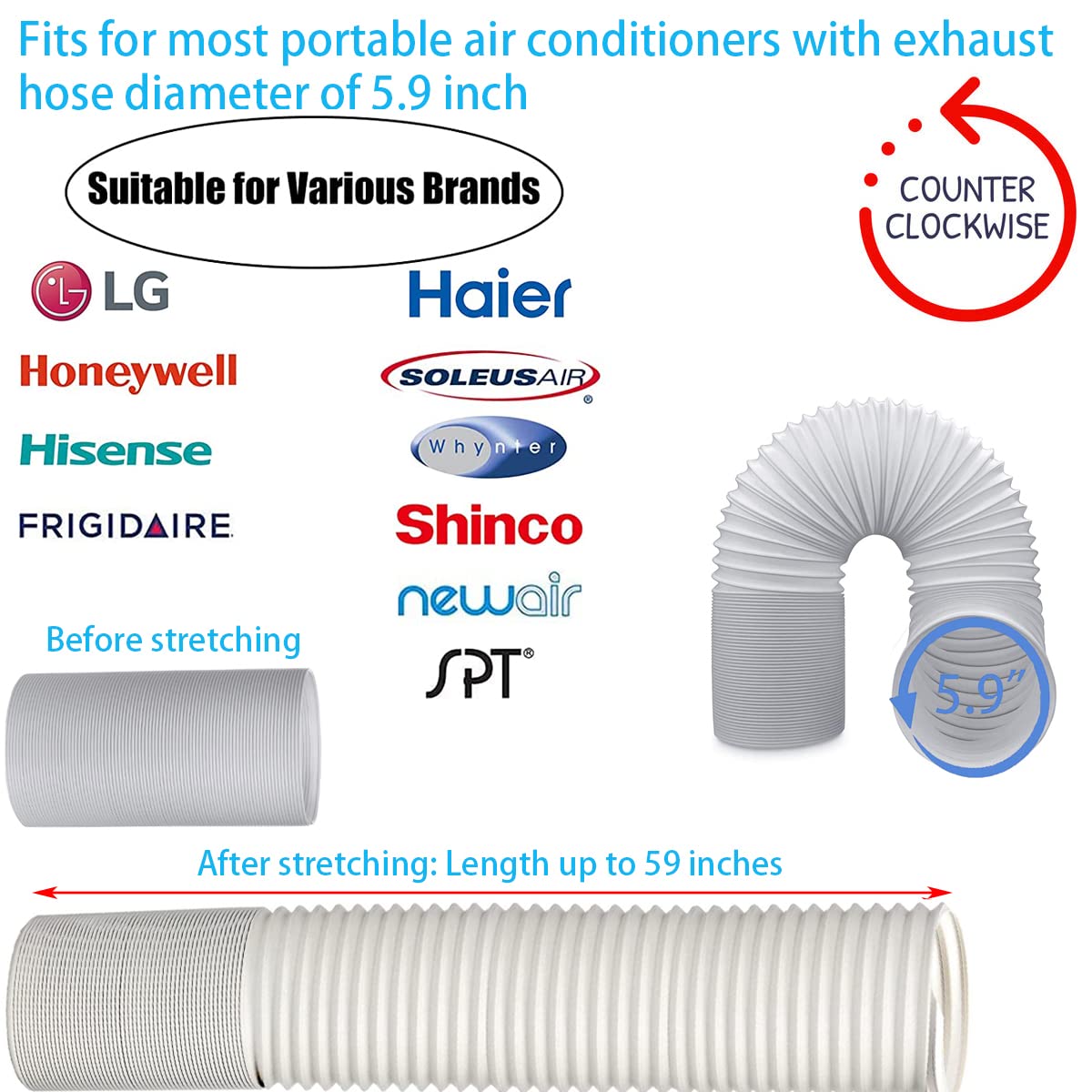 Coolaihan Portable Air Conditioner Window Vent Kit with 5.9” Exhaust Hose Universal Window Seal for AC Unit, AC Window Kit with Coupler for Sliding Horizontal or Vertical Windows