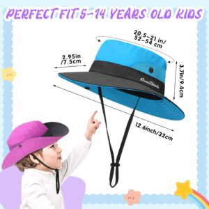 Sureio 6 Pcs Kids Summer Sun Hat for Girls 5-10Y Summer Bucket Cap with Ponytail Hole UV Protection Fishing Hat Foldable Wide Brim Kids Ponytail Hats with Rope Youth Hiking Beach Golf, Multicolor