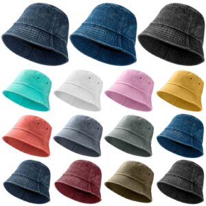 15 pcs washed cotton bucket hat distressed wide brim sun hats floppy packable fishing hat trendy summer foldable flat top cap for women men travel hiking beach sports outdoor, 12 colors