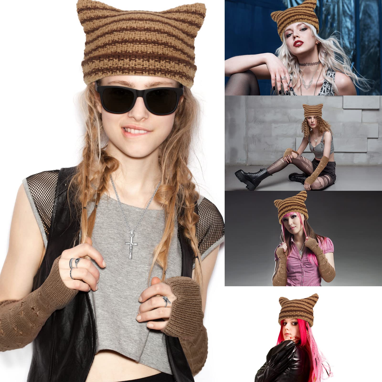 Sureio 25 Pcs Y2K Grunge Knitted Cat Beanie with Fairy Grunge Ripped Gloves Earrings Necklace Rings Devil Horn Grunge Accessories(Brown)