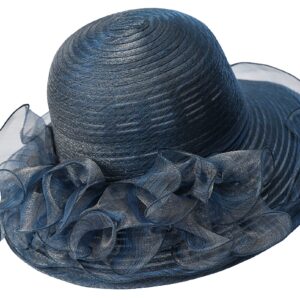 Women Organza Sun-Hats Wide-Brim Church-Hats for Tea Party Bridal Wedding Dress Hat Navy