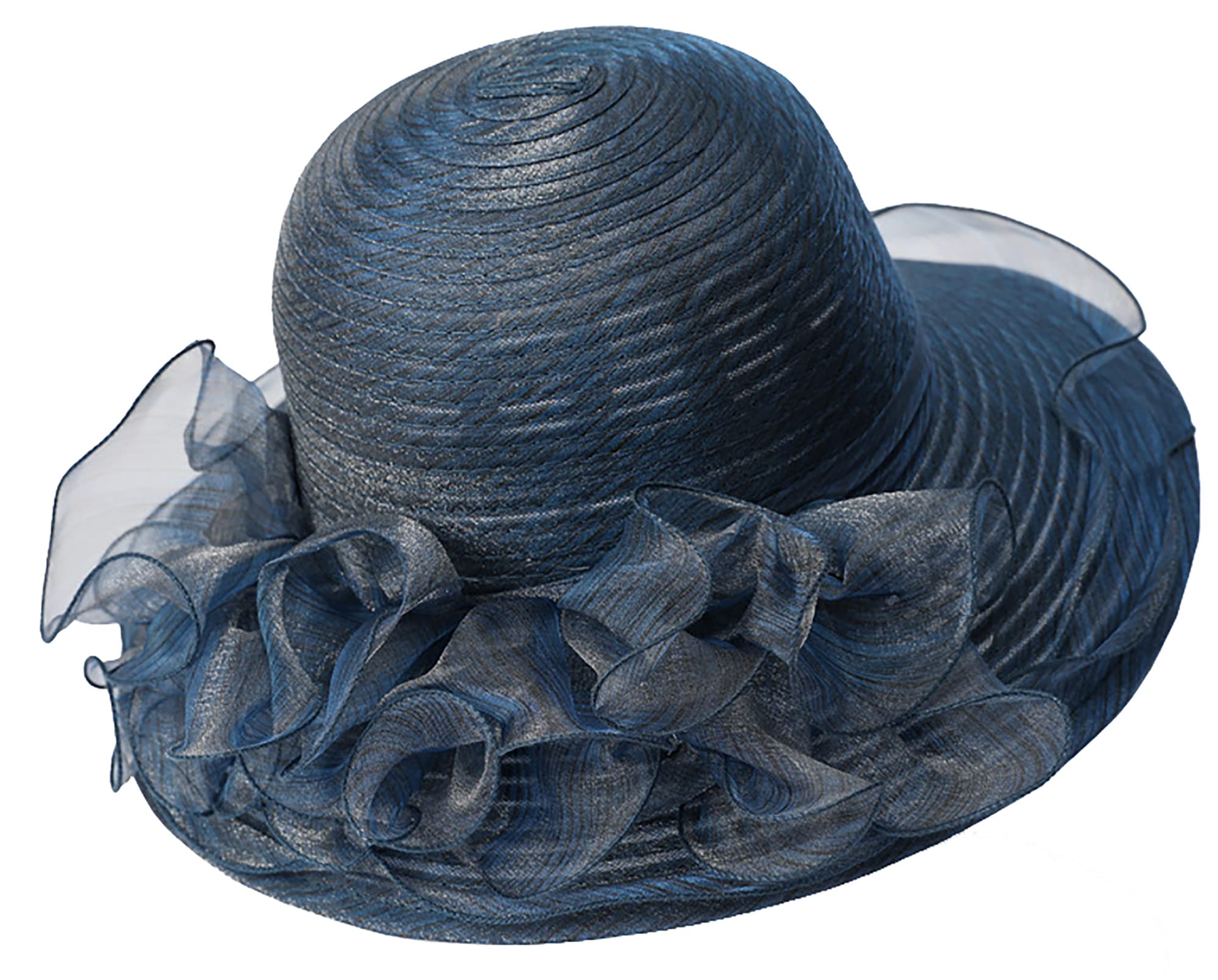 Women Organza Sun-Hats Wide-Brim Church-Hats for Tea Party Bridal Wedding Dress Hat Navy