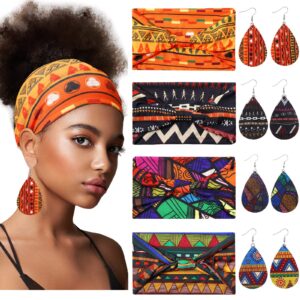 WILLBOND African Boho Print Headband, Head Wrap, Faux Leather Earrings Set for Women (Bright Pattern)