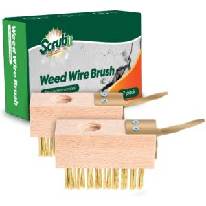 scrubit moss & weed remover wired grout cleaner brush, great for cleaning decks, pavers, patios & walkways weed scraper & wire brush set, combo w/2 brush heads & scraping hook - grout remover tool