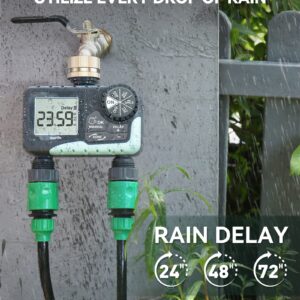 RAINPOINT Water Timer for Garden Hose - Sprinkler Timer with Brass Swivel - Rain Delay/Manual Watering/Automatic Irrigation Controller System Hose Timer Programmable Faucet Timer for Yard, 2 Outlet