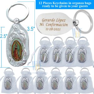 Personalized First Communion Keychain Favor (12 PCS) Engraved Our Lady of Guadalupe Baptism Metal Key Ring/Recuerdos Para Primera Comunion Niña Niño/Customized Christening