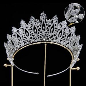 QXMYOO Luxury Wedding Tiaras for Bride Cubic Zirconia Big Tall Crown Quinceanera Crystal Headband for Women CZ Pageant Birthday Prom Party Headpiece Bridal Hair Accessories Silver (Silver)