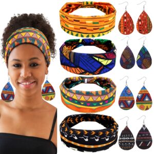 willbond african boho print headband, head wrap, faux leather earrings set for women (bright pattern)