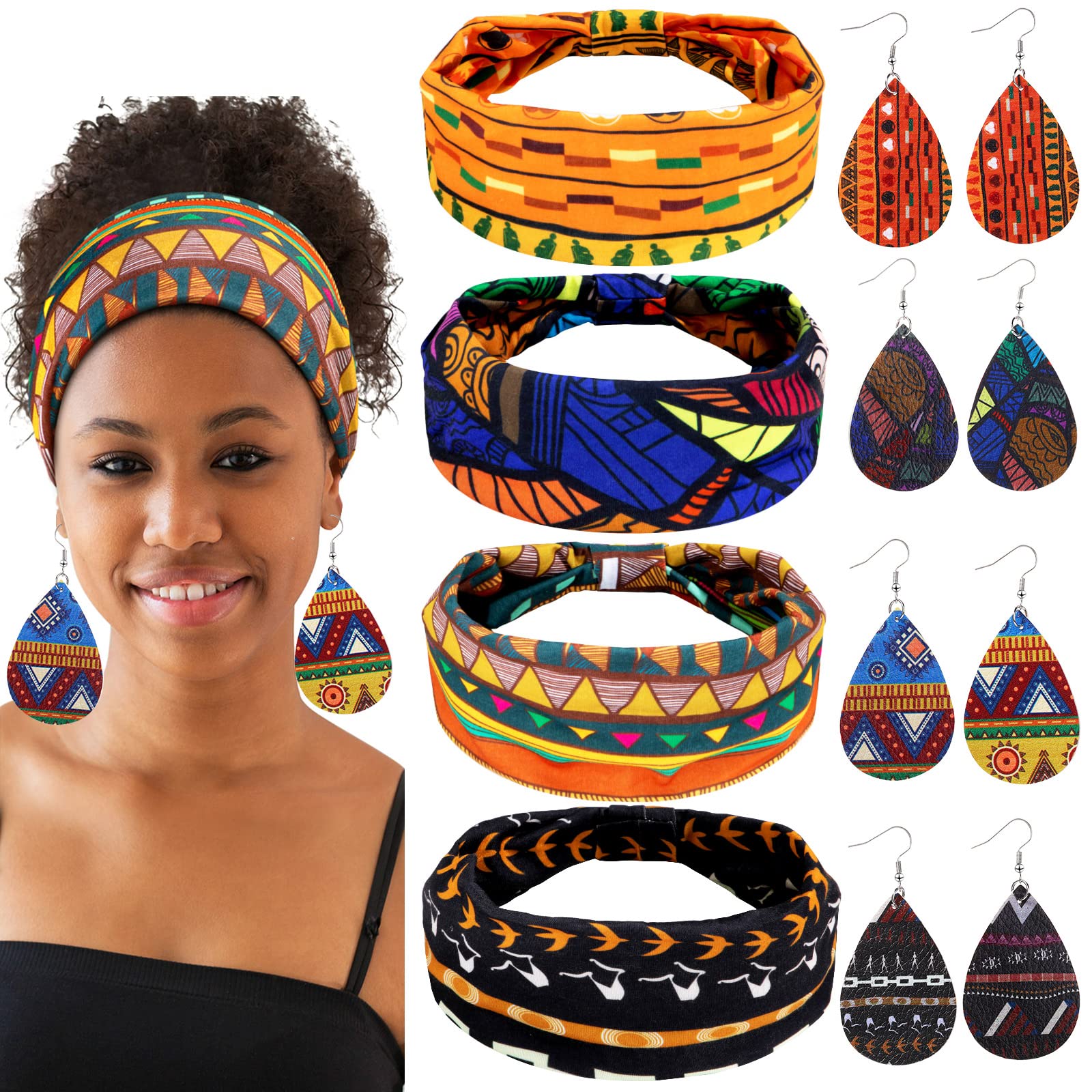 WILLBOND African Boho Print Headband, Head Wrap, Faux Leather Earrings Set for Women (Bright Pattern)