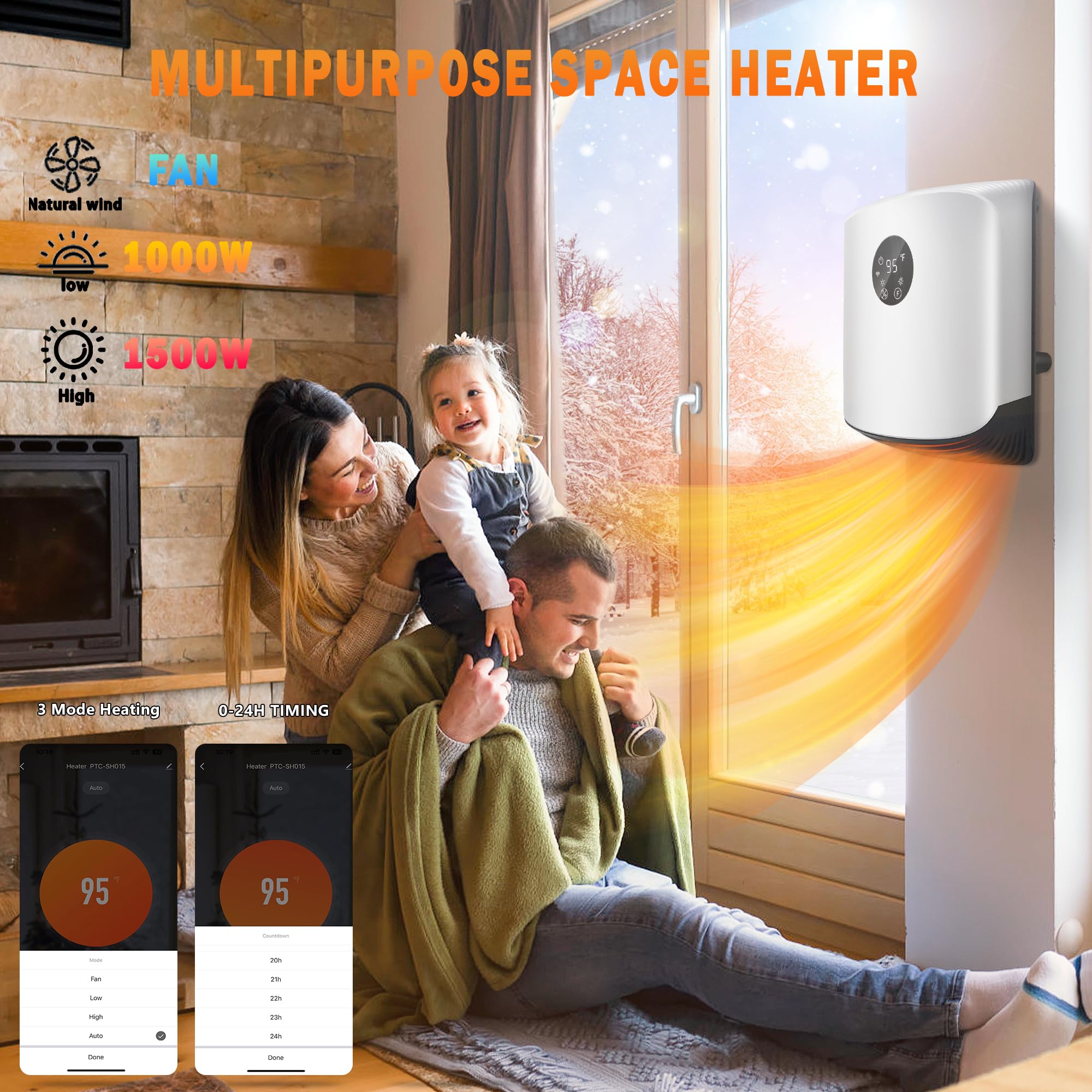 Space Heater for Indoor Use Wall Mounted with WIFI/Remote,1500W Portable Heater Fast Heating with Adjustable Thermostat,Quiet Heater for Bedroom/Living Room/Office