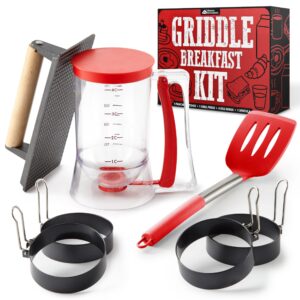 modern innovations griddle breakfast kit accessories - pancake batter dispenser for griddle, cast iron grill press for bacon, 4 egg rings/pancake molds and spatula, compatible with blackstone griddles