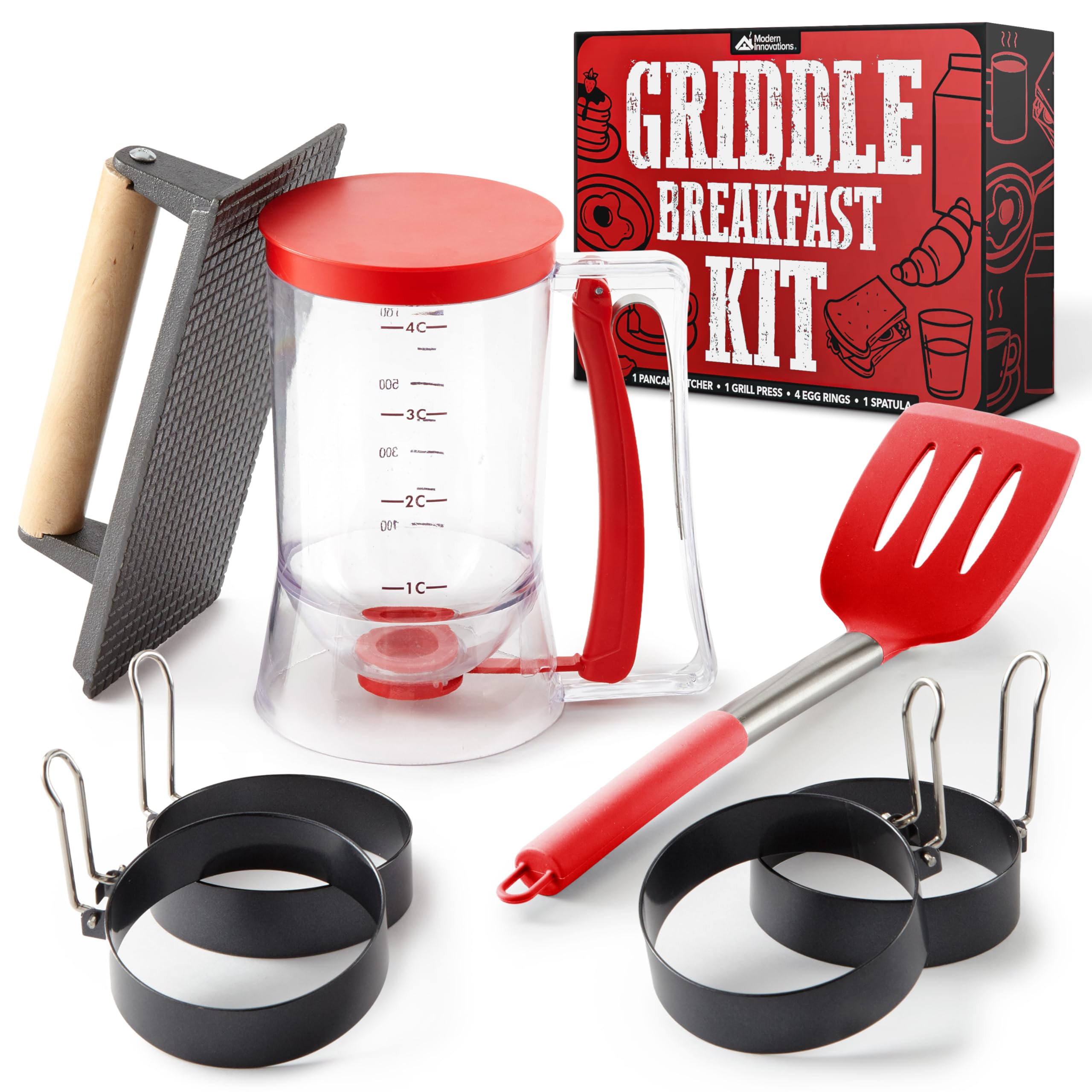 Modern Innovations Griddle Breakfast Kit Accessories - Pancake Batter Dispenser for Griddle, Cast Iron Grill Press for Bacon, 4 Egg Rings/Pancake Molds and Spatula, Compatible With Blackstone Griddles