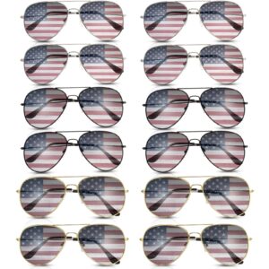 Mepase 12 Pack Mens Women American Flag Sunglasses USA Flag Glasses for 4th of July for Independence Day Patriotic Decoration (Gold Silver Black Frame)