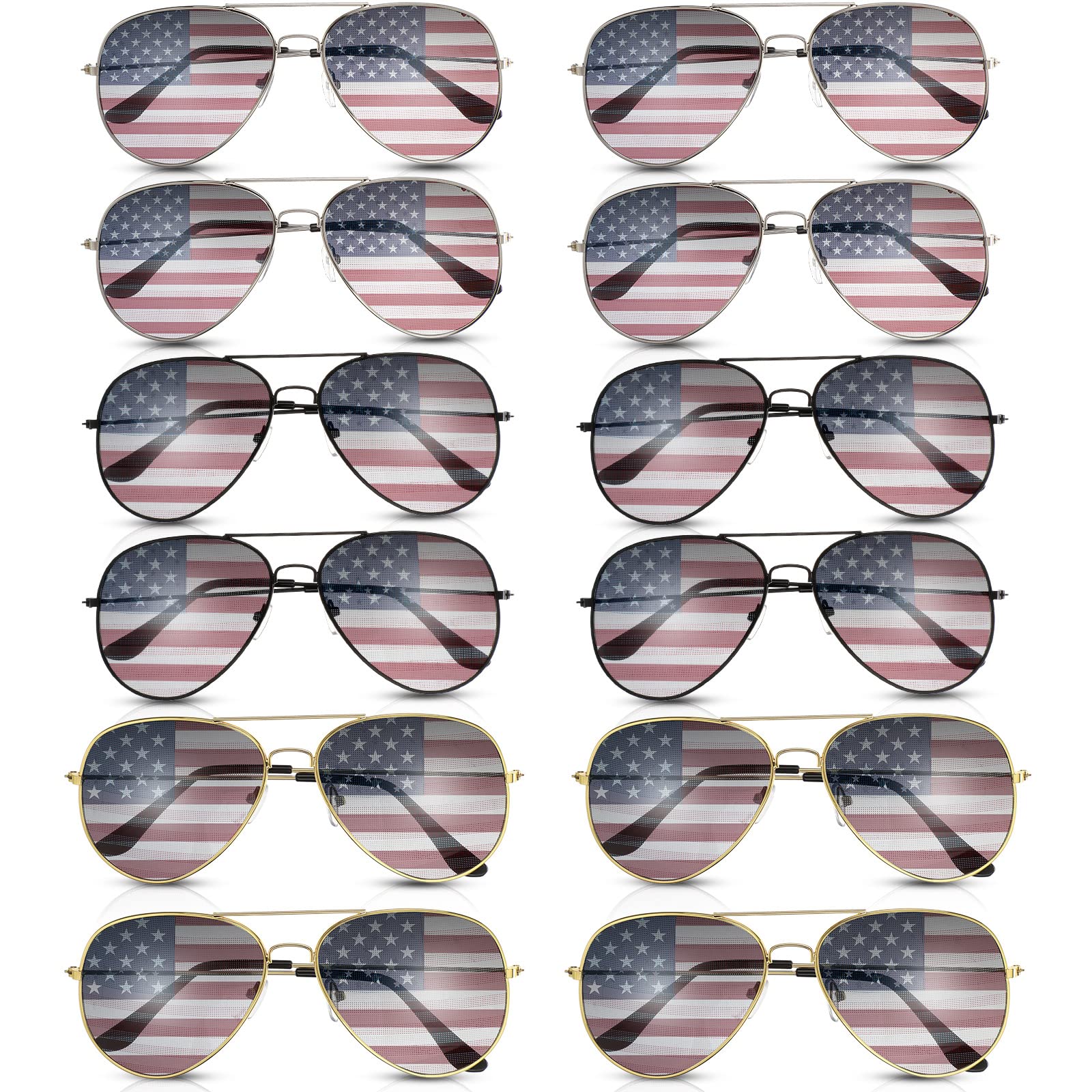 Mepase 12 Pack Mens Women American Flag Sunglasses USA Flag Glasses for 4th of July for Independence Day Patriotic Decoration (Gold Silver Black Frame)