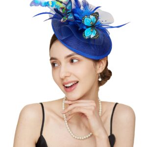 Gionforsy Butterfly Fascinator Hat Feather Derby Tea Party Hat Monarch Butterfly Headband Fascinators for Wedding (Blue)