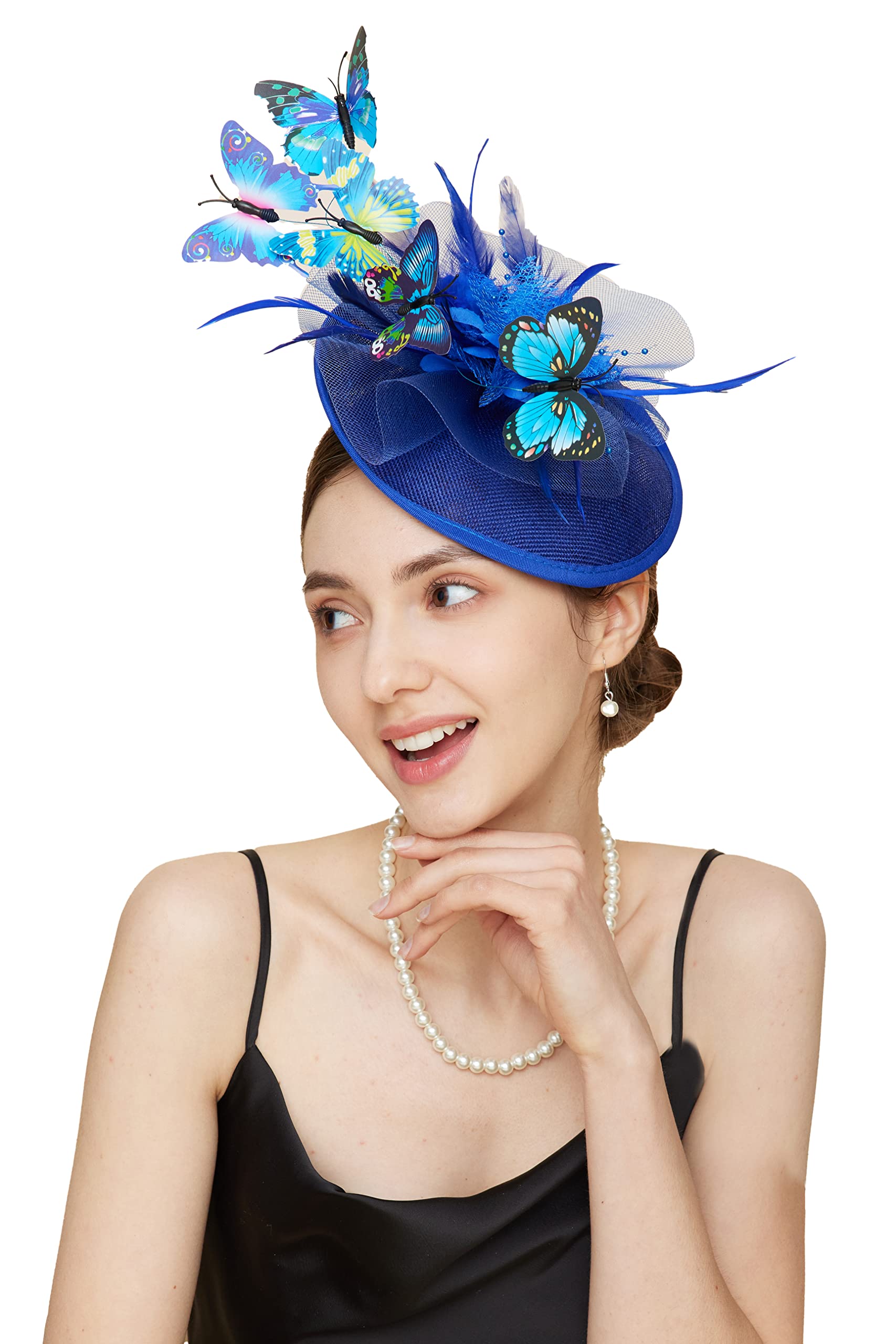 Gionforsy Butterfly Fascinator Hat Feather Derby Tea Party Hat Monarch Butterfly Headband Fascinators for Wedding (Blue)