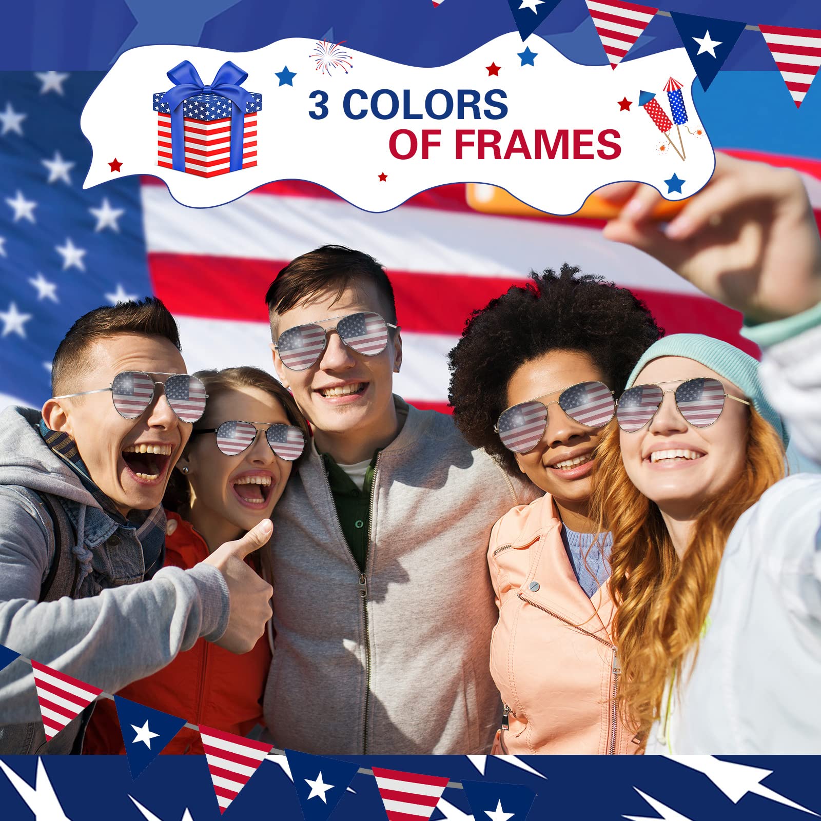 Mepase 12 Pack Mens Women American Flag Sunglasses USA Flag Glasses for 4th of July for Independence Day Patriotic Decoration (Gold Silver Black Frame)