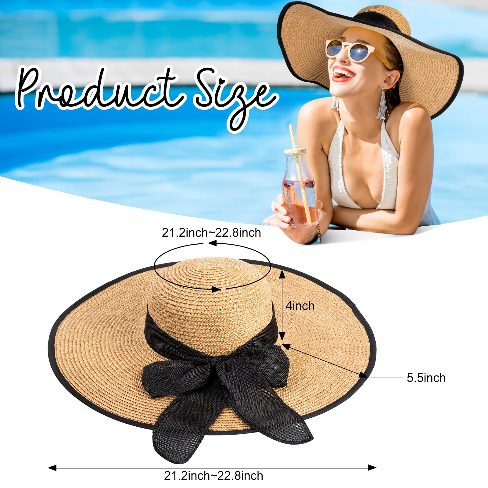 Xtinmee 6 Pcs Summer Women's Big Bowknot Straw Hat Wide Brim Foldable Floppy Hat Adjustable UV Protection UPF 50+ Beach Hat (Light Colors)