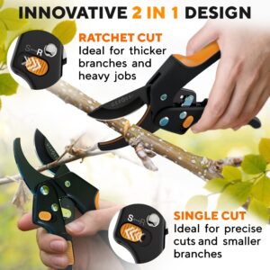 Ratchet Pruning Shears for Gardening Heavy Duty - Increases Cutting Power 3x - Perfect Ratchet Pruners for Weak Hands & Arthritis- 8” Anvil Garden Clippers - w/Extra Sharp Blade for Effortless Cutting