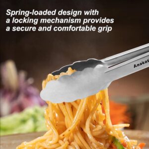 Anaeat Premium Kitchen Locking Tong Set of 3 - Heavy Duty Stainless Steel Food Tongs with Long Handle & Non-Slip Silicone Grip for Cooking, Baking, Grilling - Heat Resistant up to 480°F