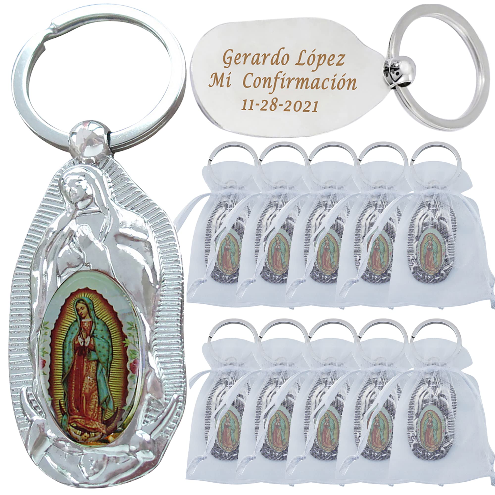 Personalized First Communion Keychain Favor (12 PCS) Engraved Our Lady of Guadalupe Baptism Metal Key Ring/Recuerdos Para Primera Comunion Niña Niño/Customized Christening