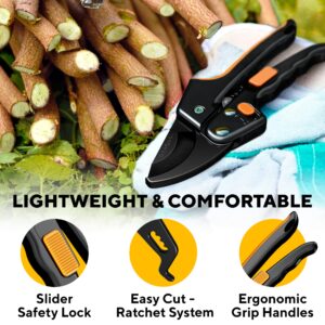 Ratchet Pruning Shears for Gardening Heavy Duty - Increases Cutting Power 3x - Perfect Ratchet Pruners for Weak Hands & Arthritis- 8” Anvil Garden Clippers - w/Extra Sharp Blade for Effortless Cutting