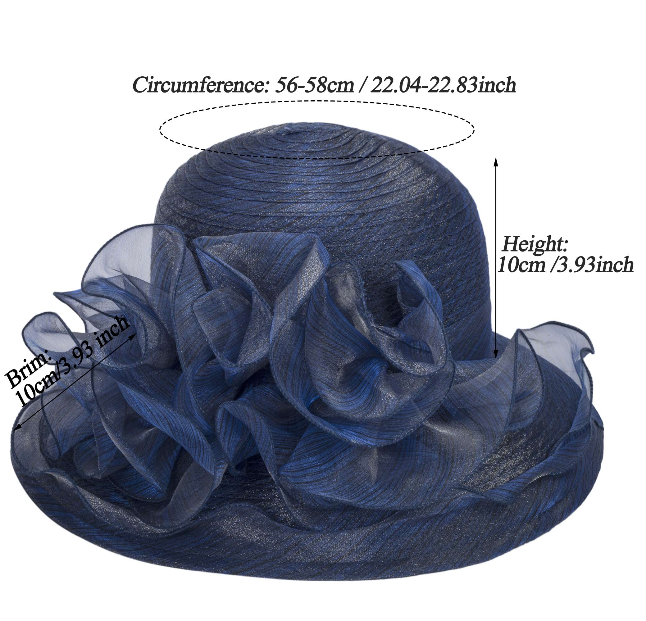 Women Organza Sun-Hats Wide-Brim Church-Hats for Tea Party Bridal Wedding Dress Hat Navy