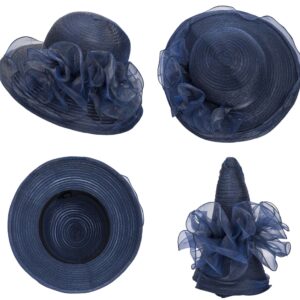 Women Organza Sun-Hats Wide-Brim Church-Hats for Tea Party Bridal Wedding Dress Hat Navy