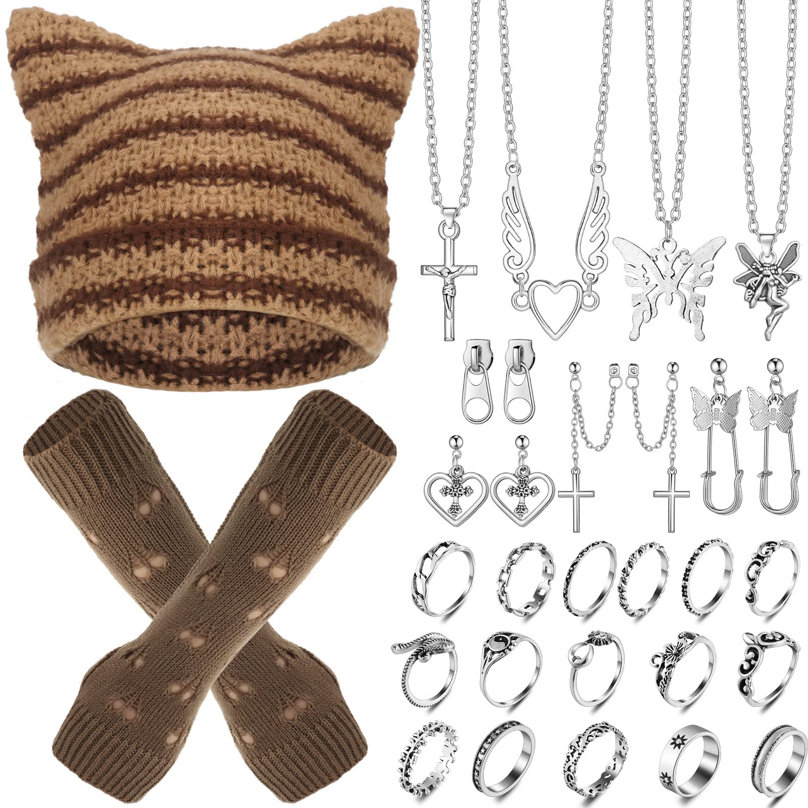 Sureio 25 Pcs Y2K Grunge Knitted Cat Beanie with Fairy Grunge Ripped Gloves Earrings Necklace Rings Devil Horn Grunge Accessories(Brown)