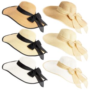 Xtinmee 6 Pcs Summer Women's Big Bowknot Straw Hat Wide Brim Foldable Floppy Hat Adjustable UV Protection UPF 50+ Beach Hat (Light Colors)