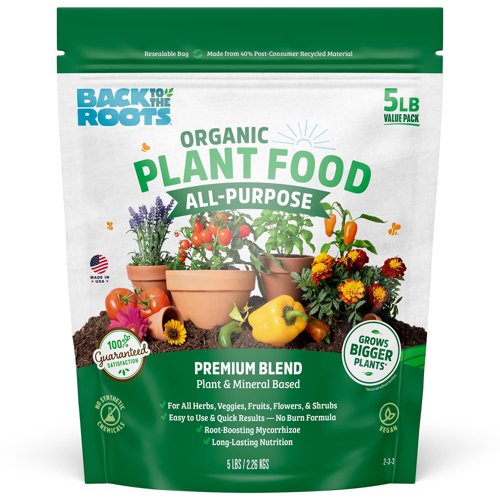 Back to the Roots Organic All-Purpose Plant Food (5 lb. Value Size), Premium Blend, Safe & Sustainable Vegan Formulation Made with Kelp and Alfaalfa Meal, Mycorrhize, and Rock Phosphate Minerals