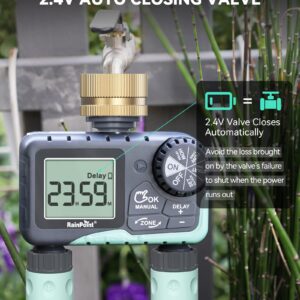 RAINPOINT Water Timer for Garden Hose - Sprinkler Timer with Brass Swivel - Rain Delay/Manual Watering/Automatic Irrigation Controller System Hose Timer Programmable Faucet Timer for Yard, 2 Outlet