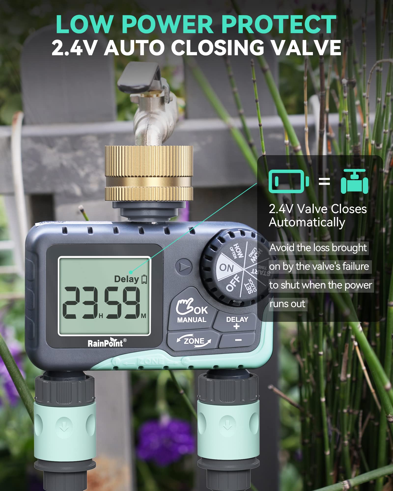 RAINPOINT Water Timer for Garden Hose - Sprinkler Timer with Brass Swivel - Rain Delay/Manual Watering/Automatic Irrigation Controller System Hose Timer Programmable Faucet Timer for Yard, 2 Outlet