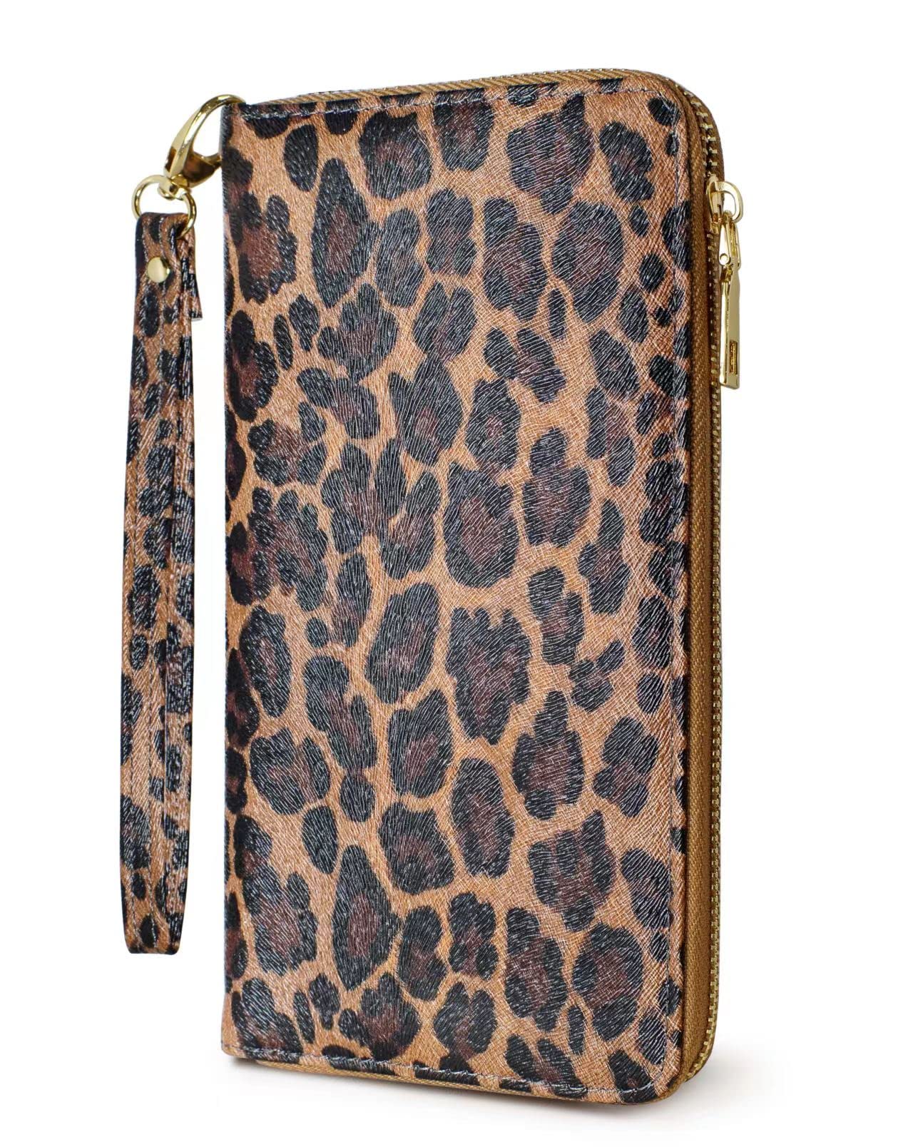 Yarnic Leopard Wallet-Wallet for Women with Credit Card Holder Money Pockets Wristlet Band Wallet Case Coin Money Clip Woman Purse with RFID Blocking Large Capacity with Zipper Cheetah Wallet