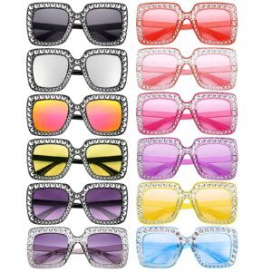 SUNOVELTIES 12 Pcs Women Sparkling Crystal Sunglasses Oversized Square Diamond Thick Frame Glasses Funky Big Cool Eyeswear