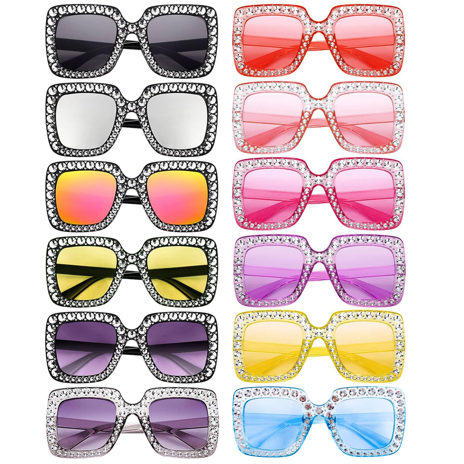 SUNOVELTIES 12 Pcs Women Sparkling Crystal Sunglasses Oversized Square Diamond Thick Frame Glasses Funky Big Cool Eyeswear