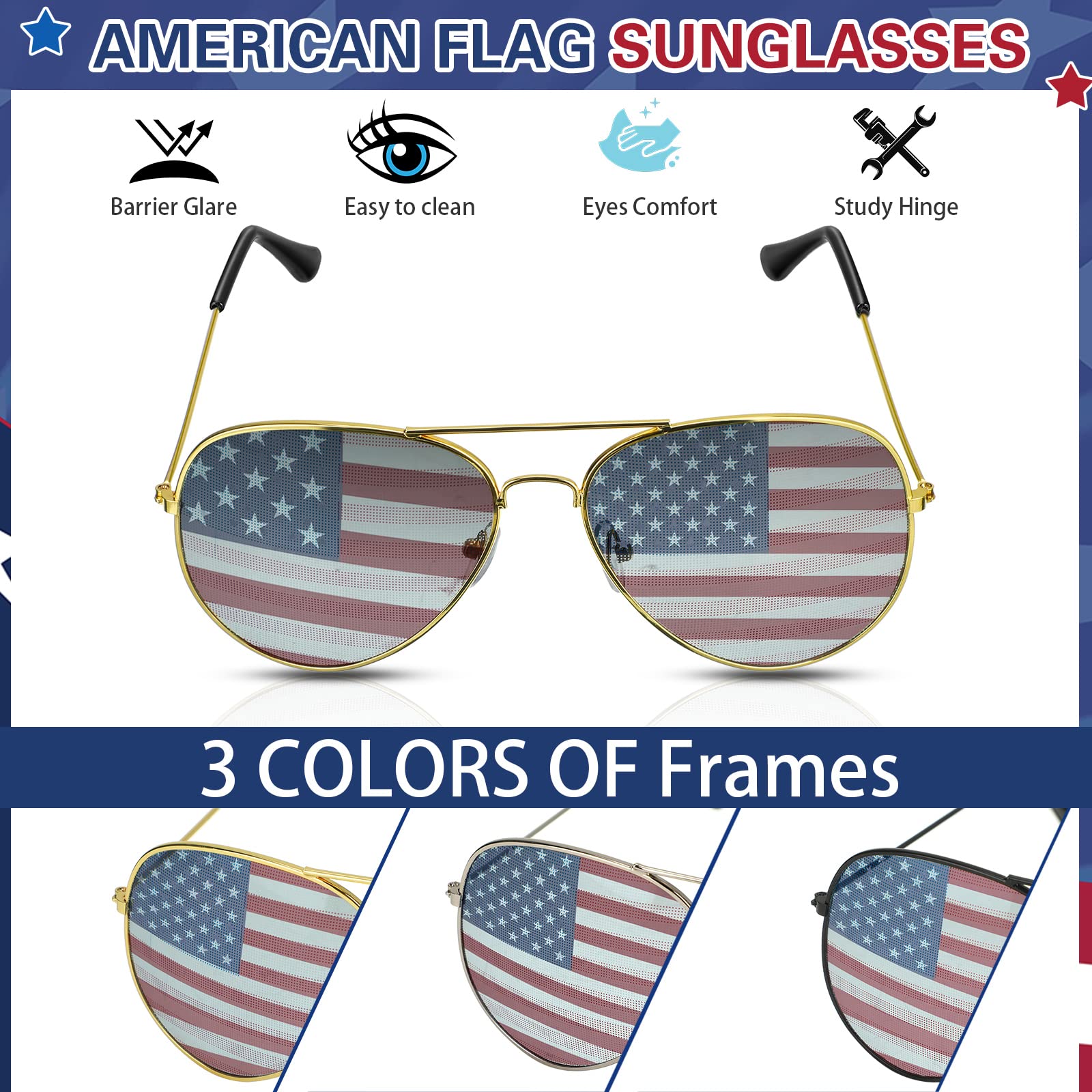 Mepase 12 Pack Mens Women American Flag Sunglasses USA Flag Glasses for 4th of July for Independence Day Patriotic Decoration (Gold Silver Black Frame)