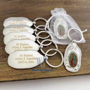 Personalized First Communion Keychain Favor (12 PCS) Engraved Our Lady of Guadalupe Baptism Metal Key Ring/Recuerdos Para Primera Comunion Niña Niño/Customized Christening