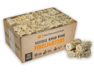 wood wool fire starter 50 pack – long burn time up to 10 minutes, ideal fire starters for campfires and charcoal starter – made from wood and wax