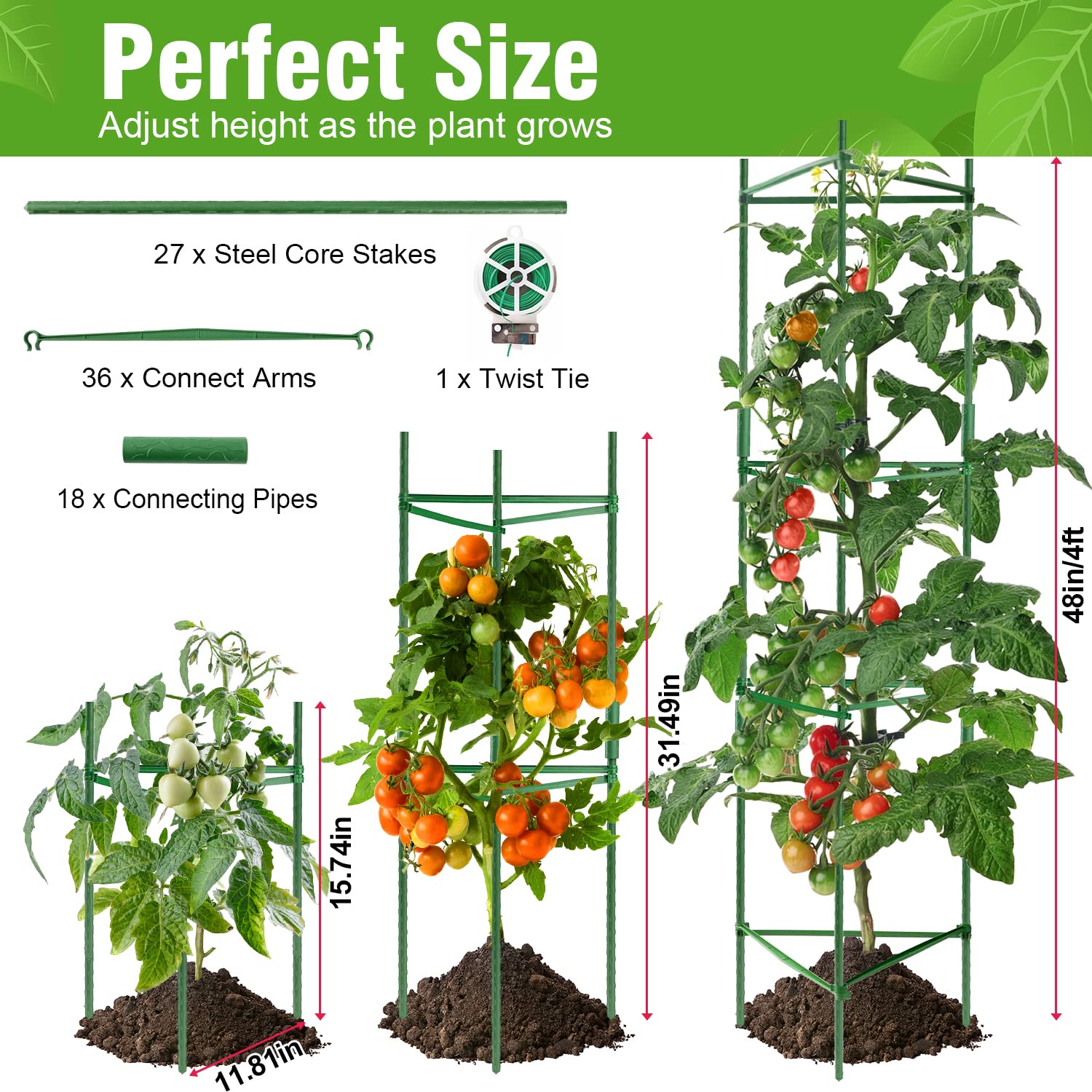 Doksving 3 Packs Tomato Cage 4ft Plant Support Garden Stake,Tomato Garden Cages for Plants, Vegetables, and Climbing Vines with Twist Tie