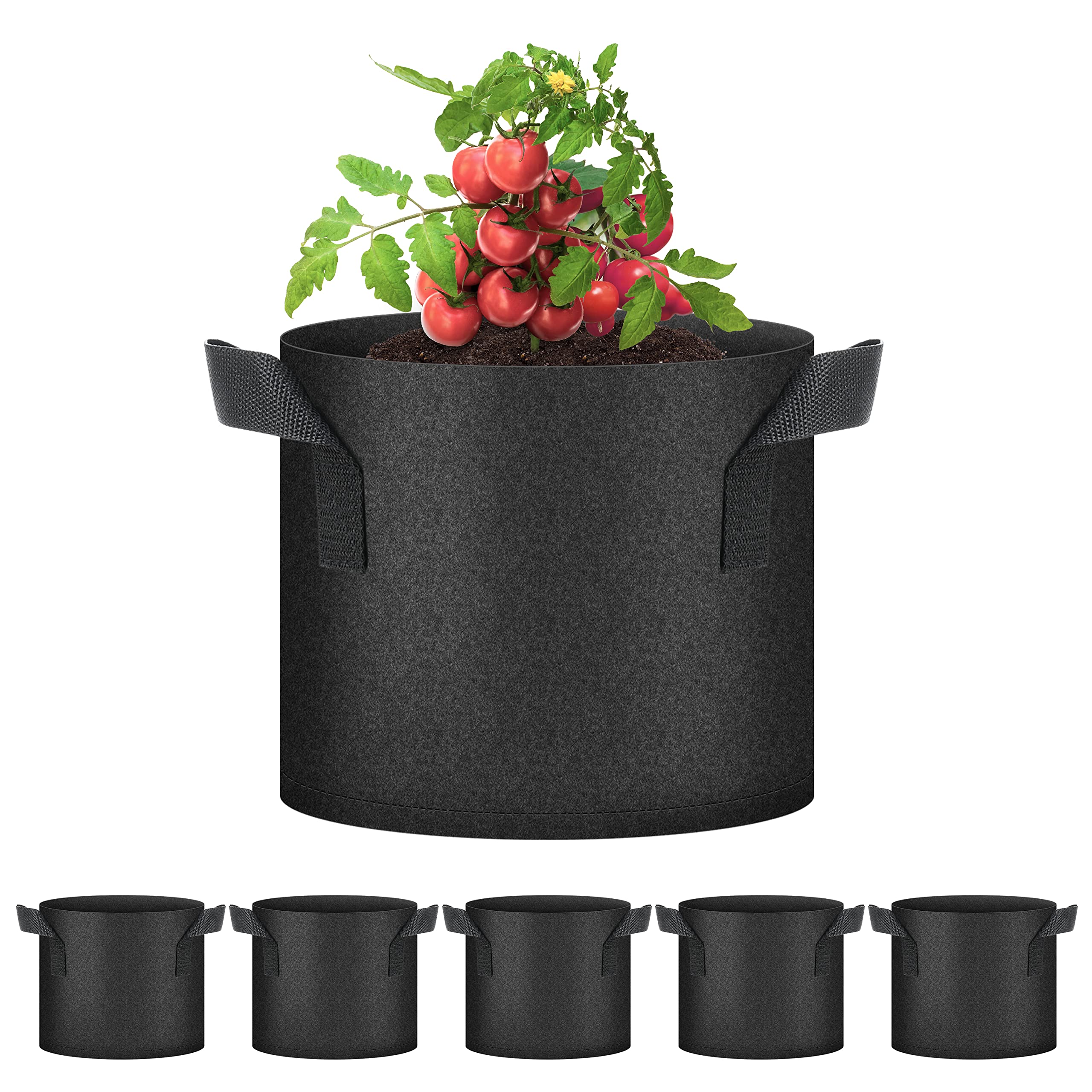 YSSOA 5-Pack 7 Gallon Grow Bags, Aeration Nonwoven Fabric Plant Pots with Handles, Heavy Duty Gardening Planter for Potato, Tomato, Vegetable and Fruits, Black