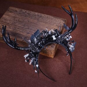 MOSTORY Handmade Black Deer Antlers Headband Gothic Reindeer Horns Elf Crown Dark Woodland Butterfly Headpiece for Women Girls Renaissance Halloween Cosplay Goth Wedding Party