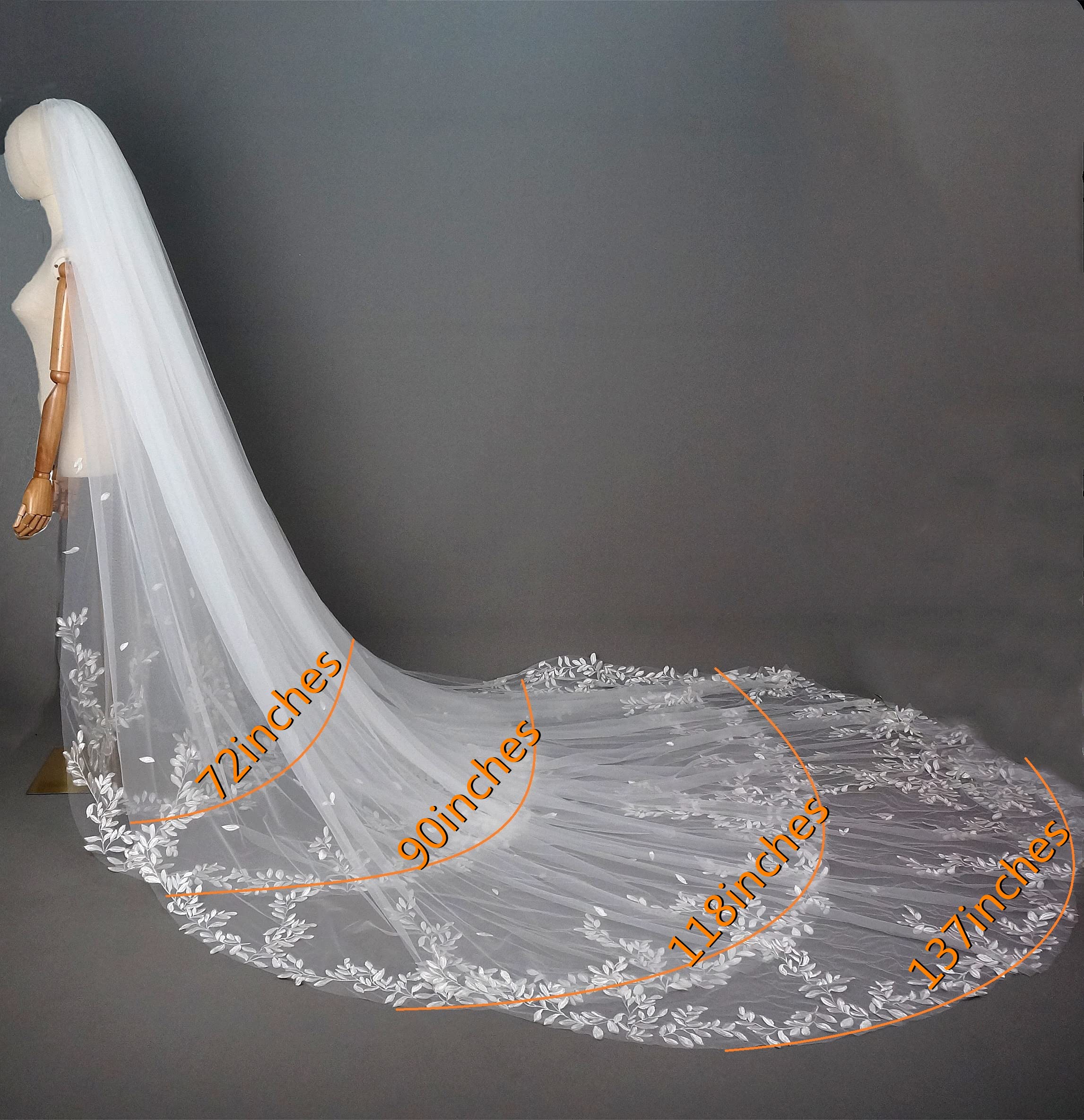 Vintage Cathedral Wedding Bridal Veil With Lace Appliques Metal Comb Custom Make Dramatic Bohemian Bride (118inches cathedral)